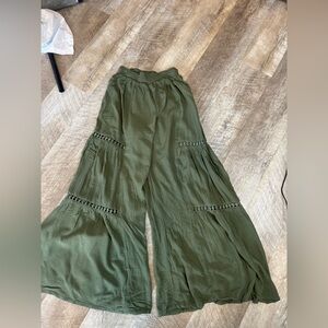 Angie Olive Green Smocked Waist Boho Krinkle Rayon Fabric Wide Length Pants